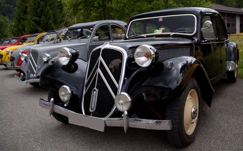 Pingsttreffen 2009 in Schwarzsee, eine Reihe geparkter Döschwo und zuvorderst ein schwarzer Traction Avant