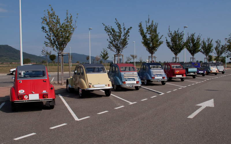 Clubausflug 2009 ins Elsass, Eine Reihe von 9 Döschwos links neben einer Strasse geparkt